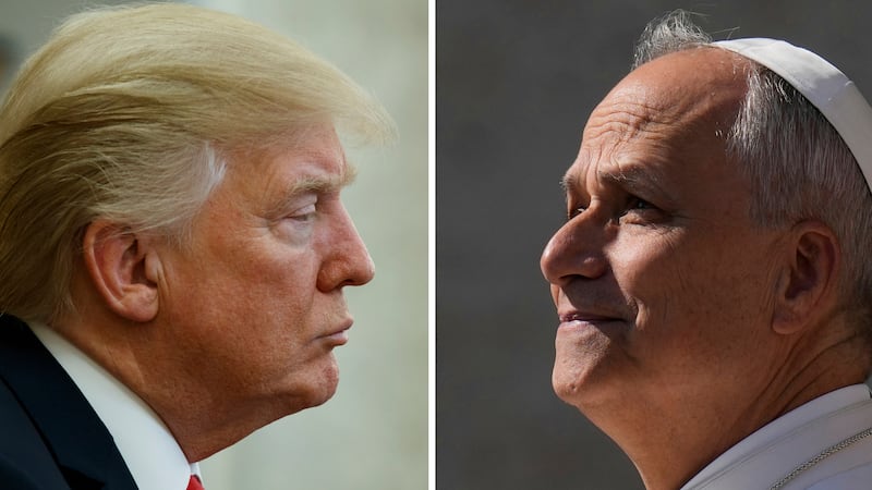 FILE- This combination file photos show on left, President Donald Trump listening during a...